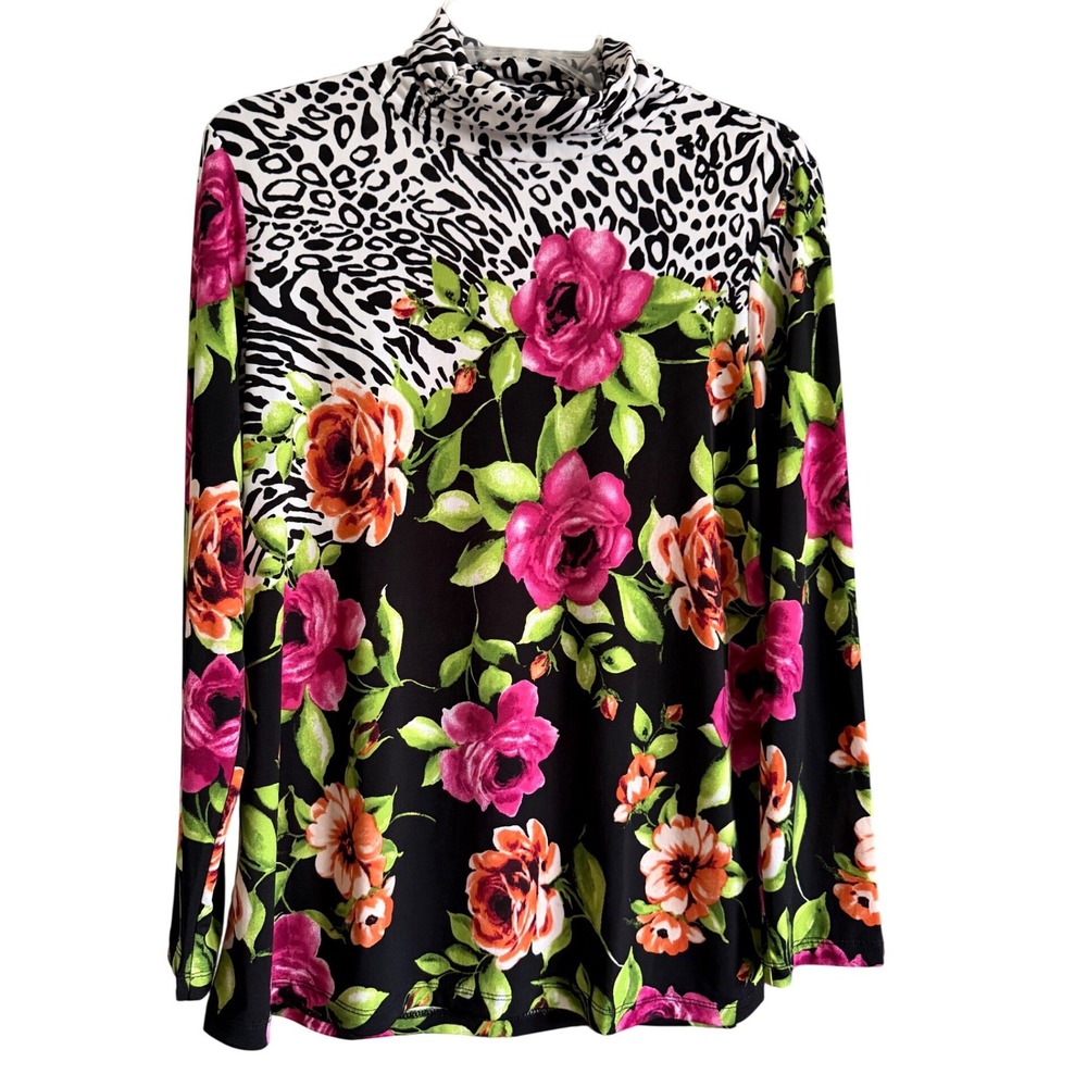 Susan Graver Liquid Knit Mock Neck Floral Animal Print Top Black Pink M Dopamine